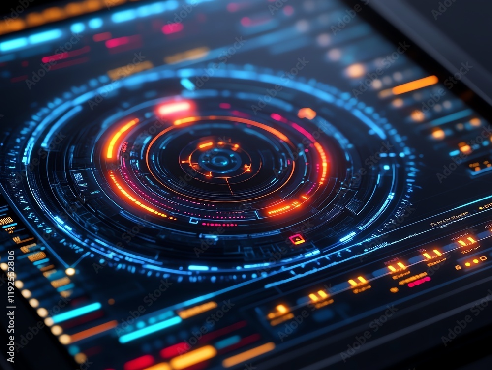 Digital command center, futuristic interface, glowing neon details, 3D illustration Digital command center, futuristic interface, glowing neon details, 3D illustration