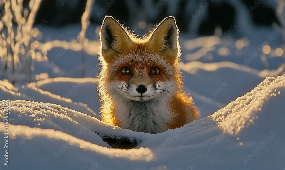 Fototapeta premium Red fox in snowy winter forest, sunset