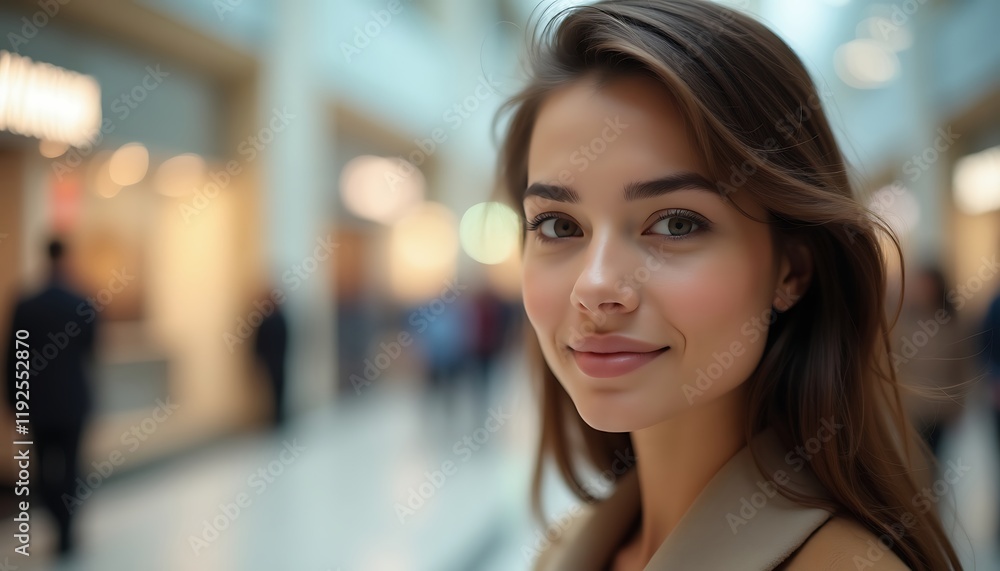 Fototapeta premium A young woman is looking at the camera and smiling at a mall