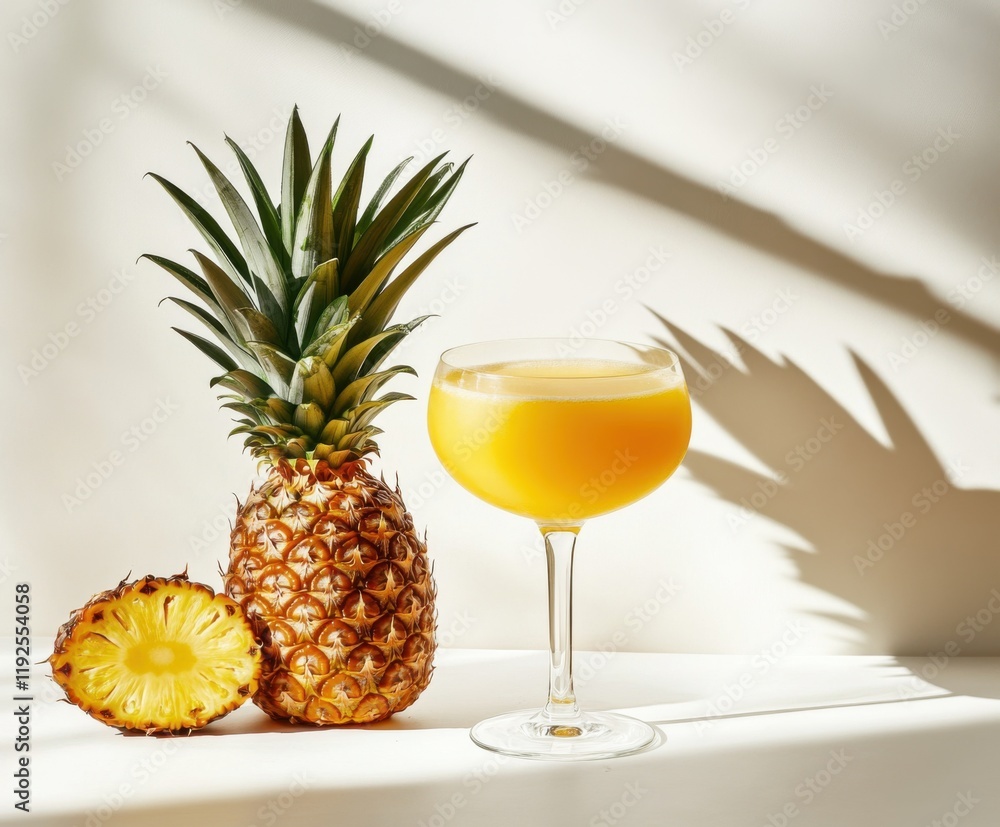 Refreshing cocktail with fresh pineapple on a sunny countertop next to a sliced fruit Refreshing cocktail with fresh pineapple on a sunny countertop next to a sliced fruit