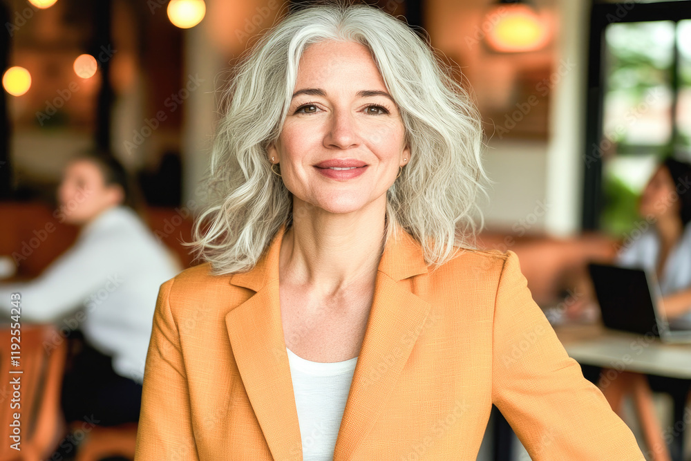 Obraz premium Confident senior woman in an orange blazer smiling in a modern office space, symbolizing leadership and success. 