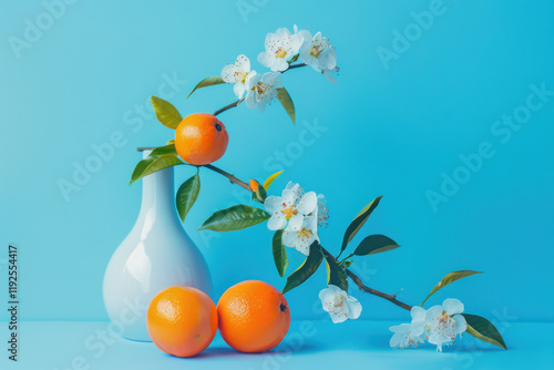 Minimalistic Still Life with Oranges and Flowering Branch on Vase on Blue Background
