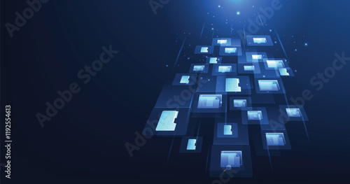 Document management and digital document paperless operational concept. Document management and Data transfer through cloud technology with modern internet technology on the dark blue background.