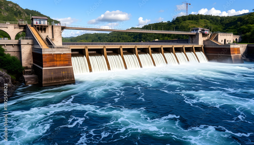 Hydroelectric dam generating green energy from flowing water, grunge, with white tones Hydroelectric dam generating green energy from flowing water, grunge, with white tones