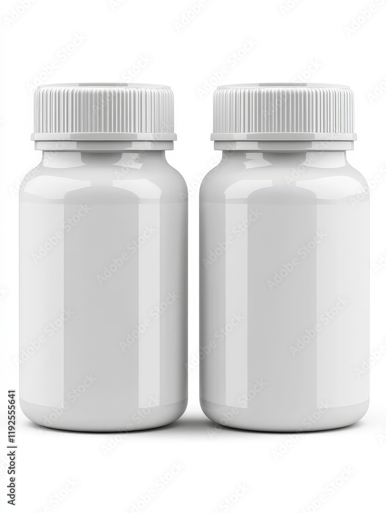 Matte white supplement bottles with clean minimalist design placed symmetrically, representing health, wellness, and product branding for packaging concepts Matte white supplement bottles with clean minimalist design placed symmetrically, representing health, wellness, and product branding for packaging concepts