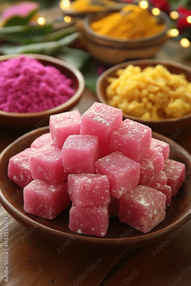 Joyful holi celebration with sweets and vibrant colors on a festive table setting Joyful holi celebration with sweets and vibrant colors on a festive table setting