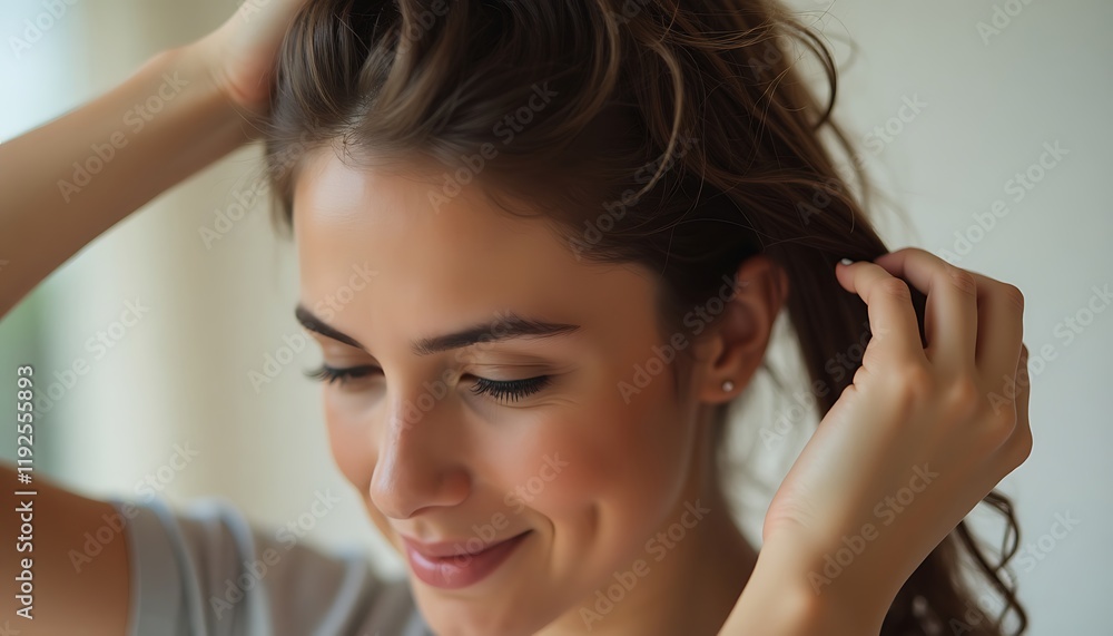 Fototapeta premium A young woman is styling her brown hair