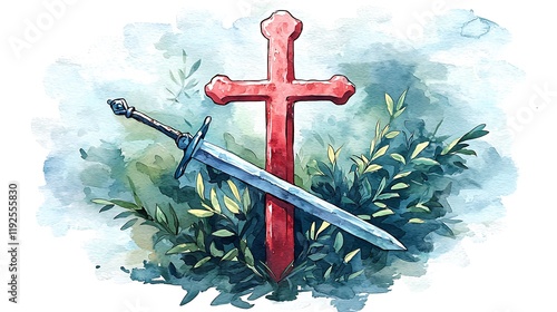 Watercolor painting of a red cross and a sword lying in the grass. photo