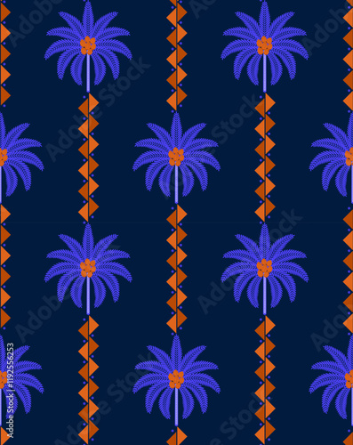 vertical boho palm trees stripes seamless pattern, vector illustration repeat design print on dark navy midnight blue