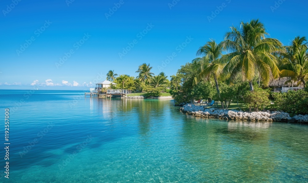 Tropical paradise with clear turquoise waters, palm trees, and serene coastal landscape Tropical paradise with clear turquoise waters, palm trees, and serene coastal landscape
