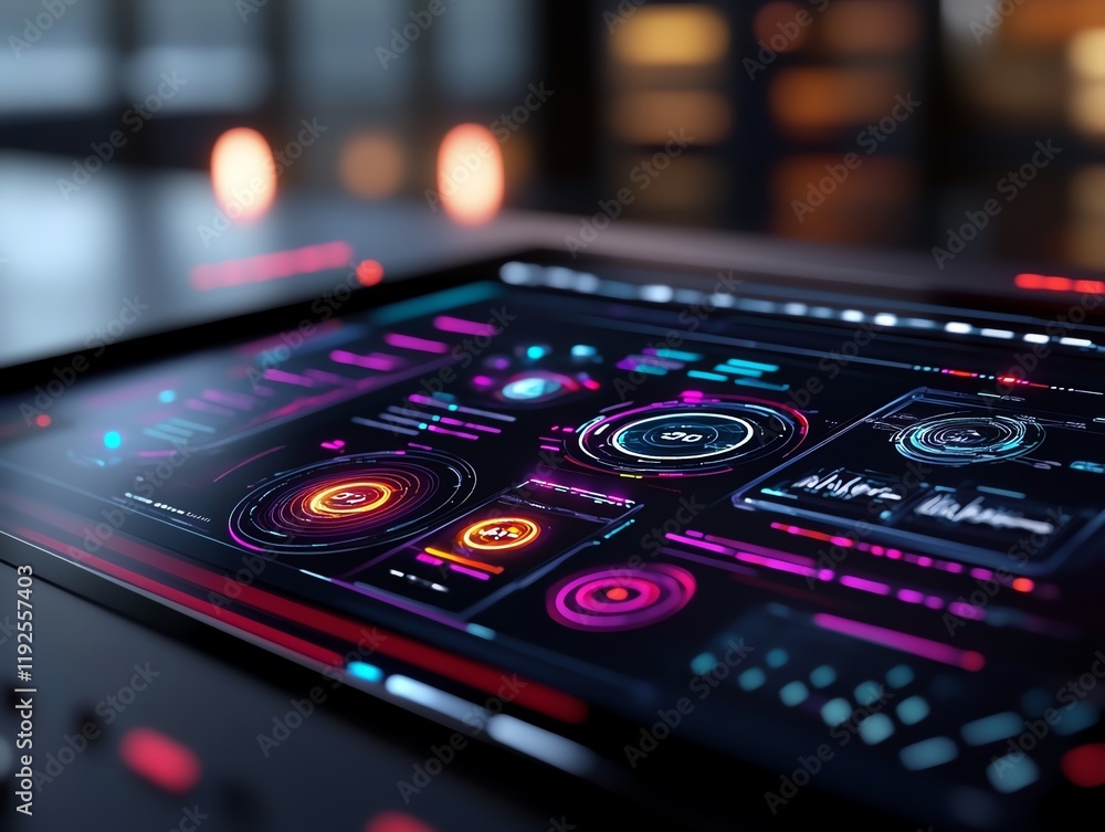 Virtual interactive workspace, glowing holographic elements, futuristic appeal, 3D illustration Virtual interactive workspace, glowing holographic elements, futuristic appeal, 3D illustration