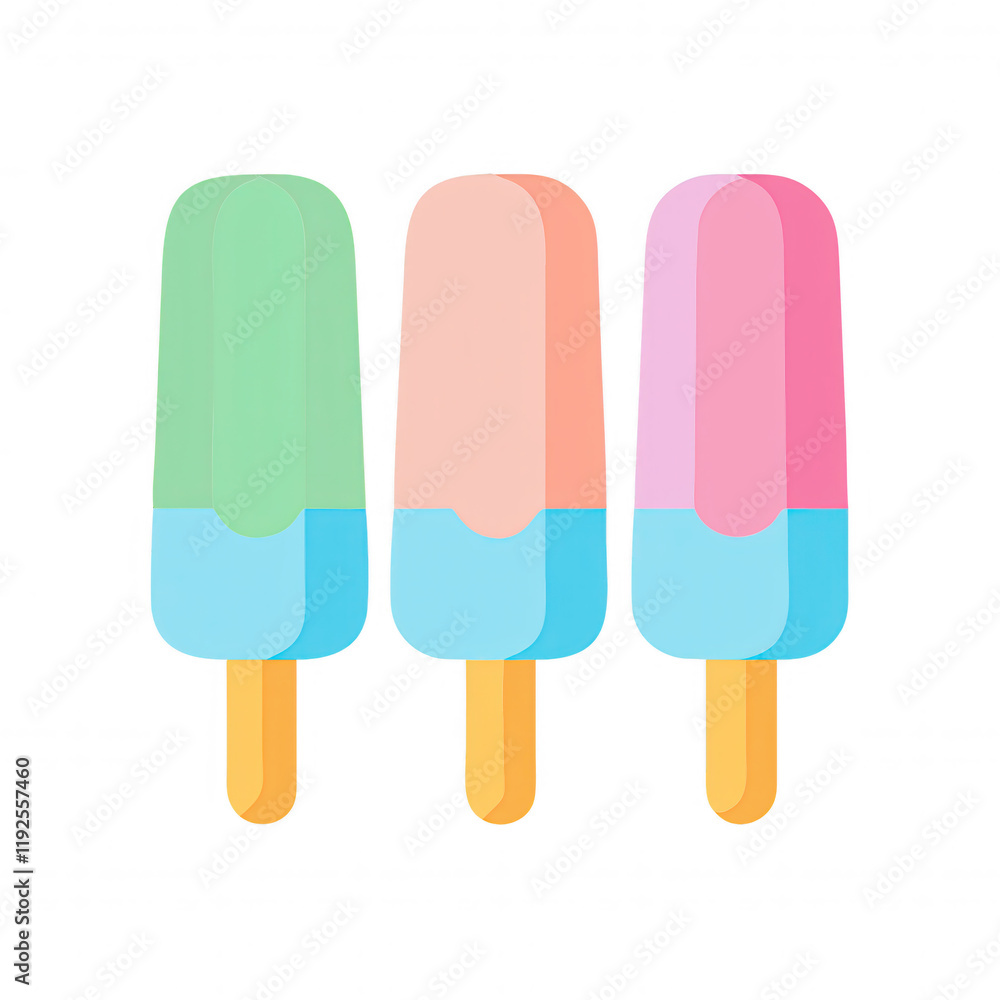 Three colorful popsicles with wooden sticks, featuring pastel shades of green, pink, and blue. Three colorful popsicles with wooden sticks, featuring pastel shades of green, pink, and blue.