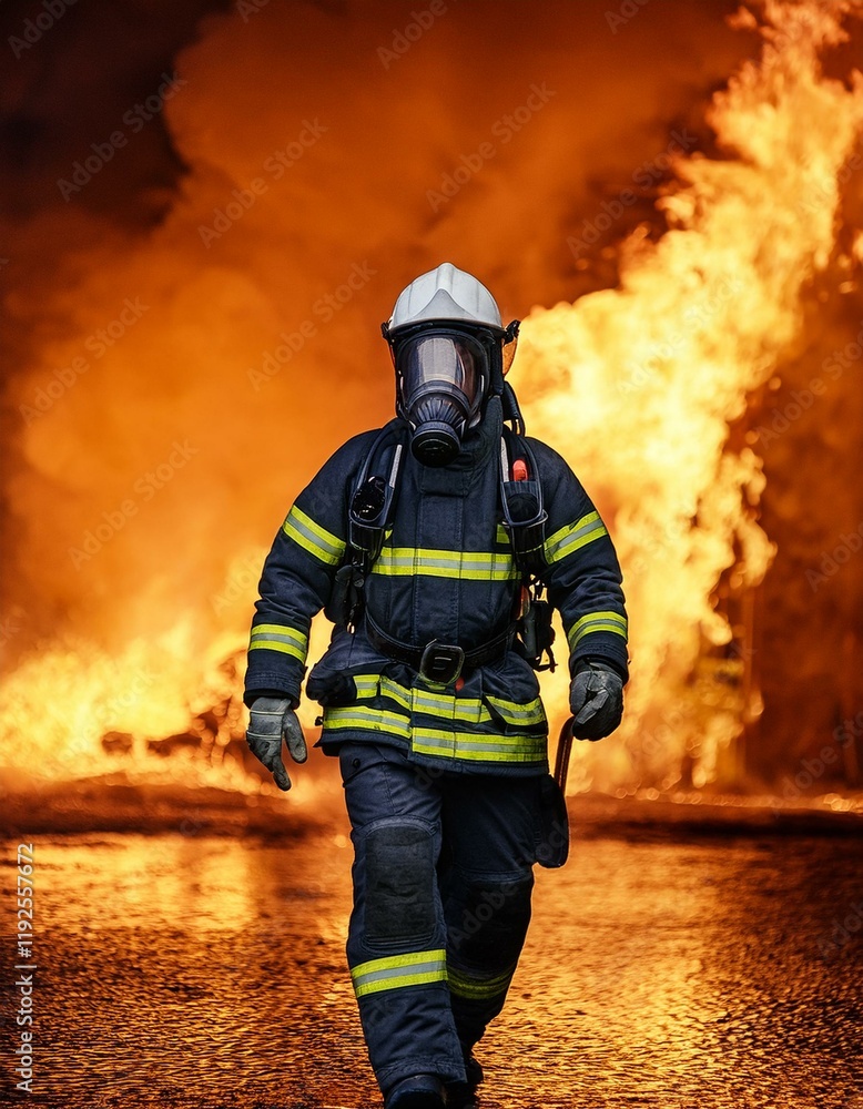 Fototapeta premium Firefighter Facing the Blaze - Front View