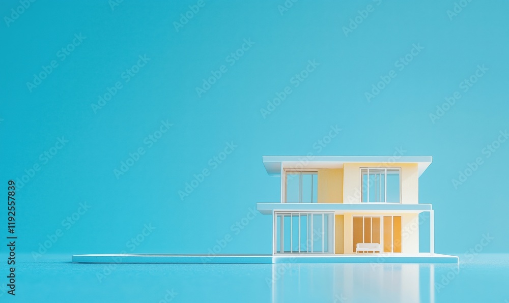 Modern minimalist house design with large windows and bright yellow facade against a vibrant blue background Modern minimalist house design with large windows and bright yellow facade against a vibrant blue background