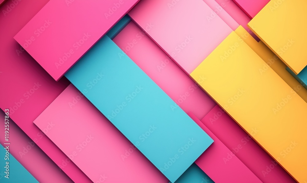 Colorful geometric abstract background with pink, blue, and yellow rectangles layered in a dynamic composition Colorful geometric abstract background with pink, blue, and yellow rectangles layered in a dynamic composition