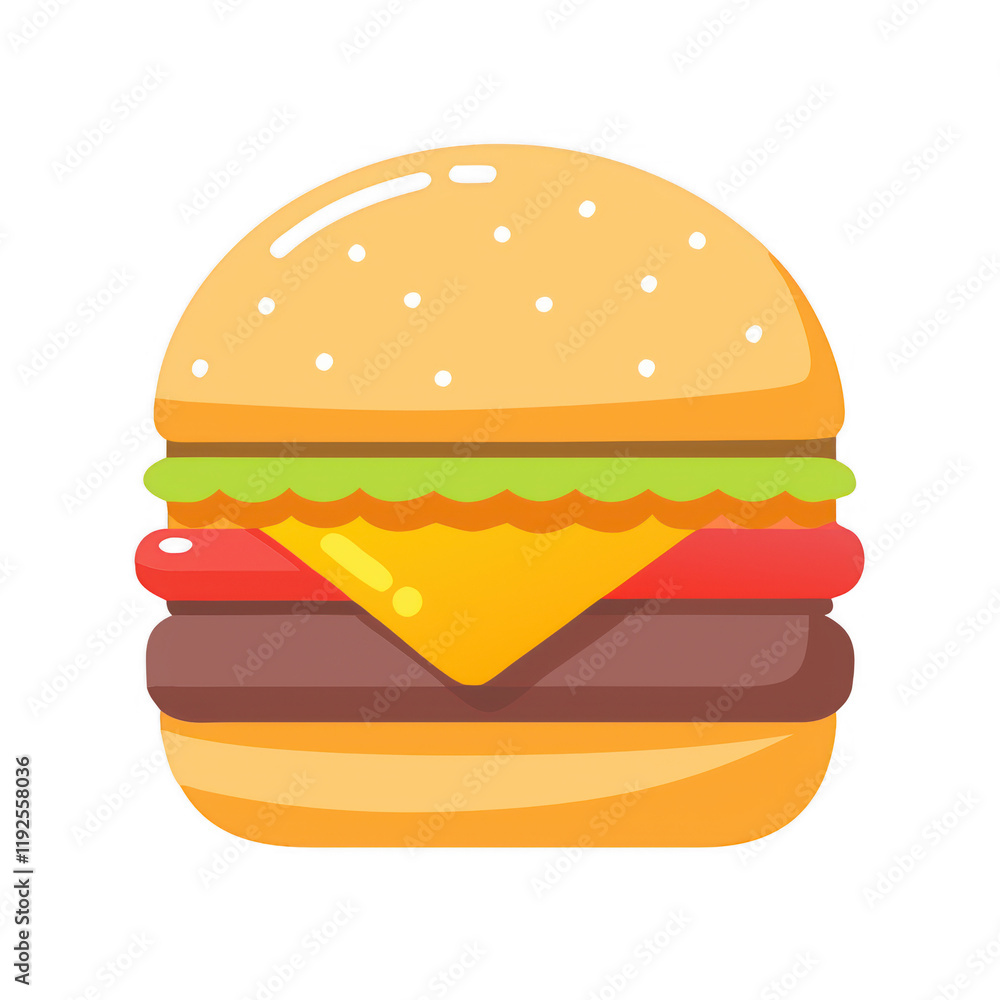 A colorful hamburger featuring a sesame seed bun, lettuce, tomato, cheese, and two layers of beef patty. A colorful hamburger featuring a sesame seed bun, lettuce, tomato, cheese, and two layers of beef patty.