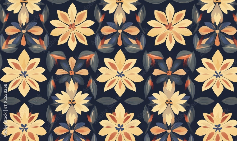 Floral Pattern Design with Yellow and Orange Flowers on Dark Background, Repeating Motif, Elegant and Vibrant Aesthetic Floral Pattern Design with Yellow and Orange Flowers on Dark Background, Repeating Motif, Elegant and Vibrant Aesthetic