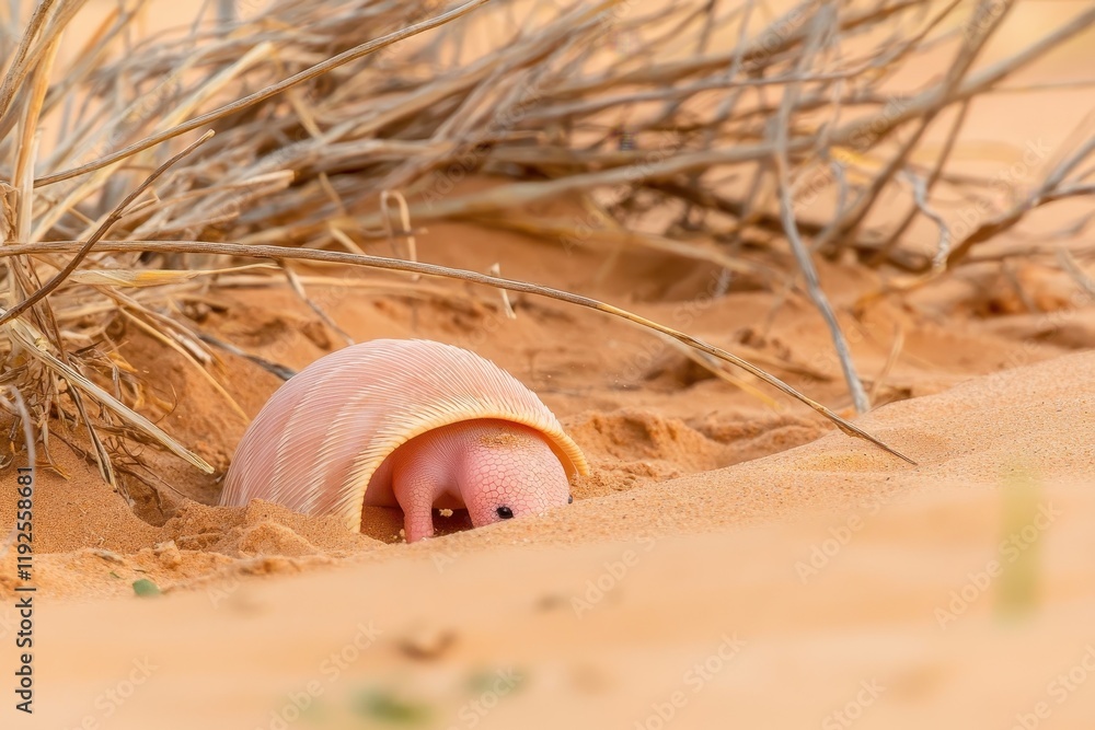 Obraz premium A serene image of a pink fairy armadillo burrowing into the sandy soil of the Argentine Pampas.