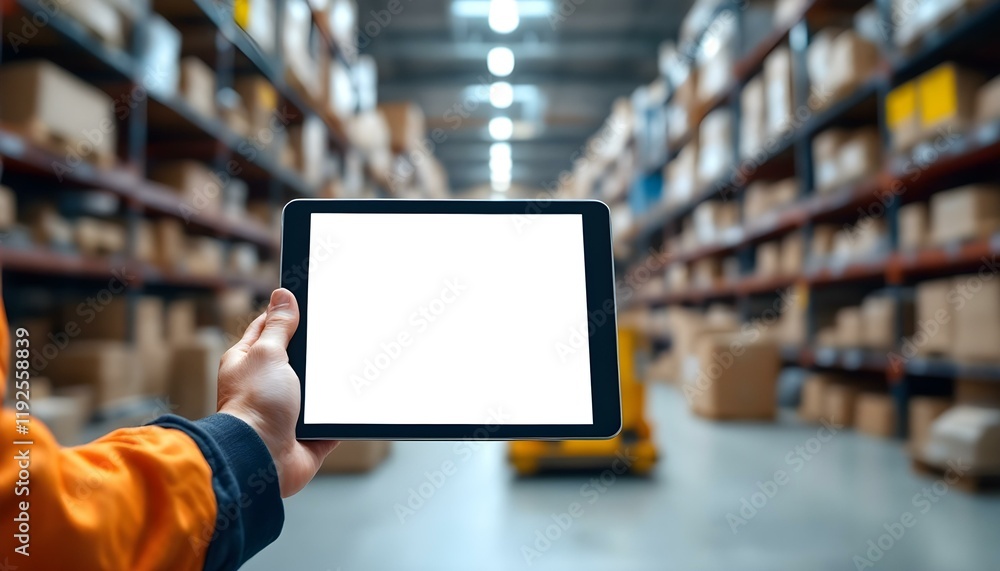 A man stands in a warehouse, using a tablet to monitor stock levels and manage supplies efficiently A man stands in a warehouse, using a tablet to monitor stock levels and manage supplies efficiently