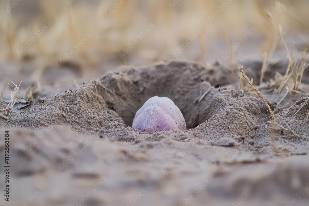 A serene image of a pink fairy armadillo burrowing into the sandy soil of the Argentine Pampas. A serene image of a pink fairy armadillo burrowing into the sandy soil of the Argentine Pampas.