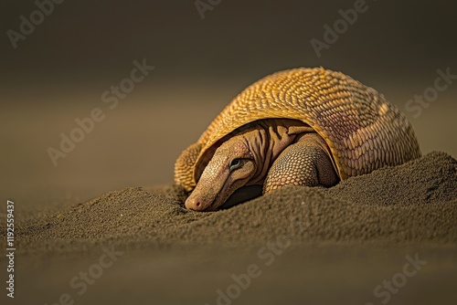 A serene image of a pink fairy armadillo burrowing into the sandy soil of the Argentine Pampas. photo