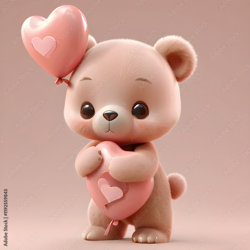 3D render of a tiny bear cub hugging a heart-shaped balloon, isolated on a pastel peach background in 8K resolution 3D render of a tiny bear cub hugging a heart-shaped balloon, isolated on a pastel peach background in 8K resolution