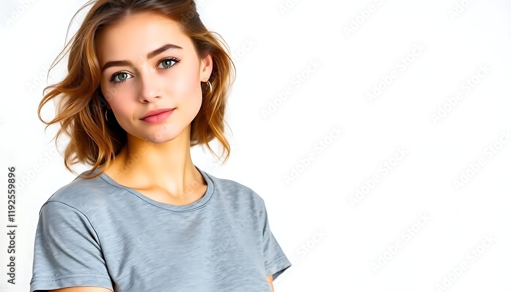 A young European woman wearing a gray tshirt on white studio background A young European woman wearing a gray tshirt on white studio background