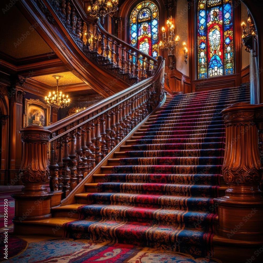 Obraz premium Grand Staircase with Stained Glass Windows