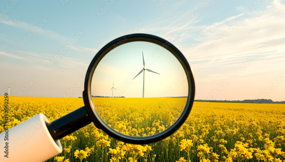 Fototapeta premium magnifying glass over rapeseed field , looking at a wind turbine, - green energy concept, with white tones