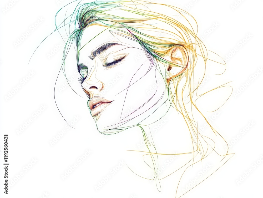 Elegant linear abstract portrait of a serene woman with soft flowing lines in green and gold gradients, emphasizing harmony, grace, and modern minimalistic artistry Elegant linear abstract portrait of a serene woman with soft flowing lines in green and gold gradients, emphasizing harmony, grace, and modern minimalistic artistry