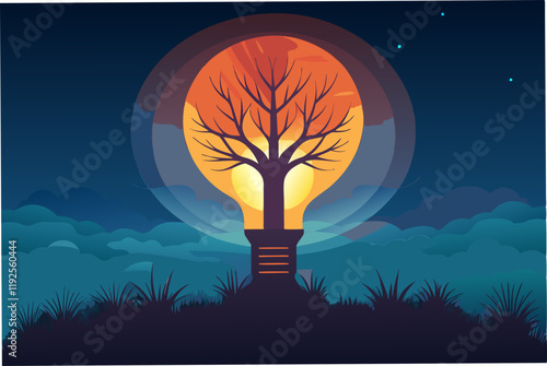 A glowing tree silhouette with its canopy shaped like a lightbulb, symbolizing creativity and the power of ideas, set against a twilight background.