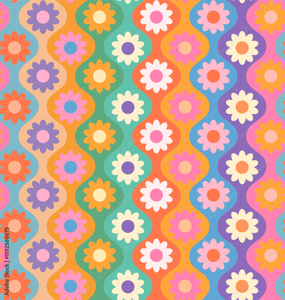 retro daisy happy flower power hippie blooms in ogee seamless pattern in rainbow colors retro daisy happy flower power hippie blooms in ogee seamless pattern in rainbow colors