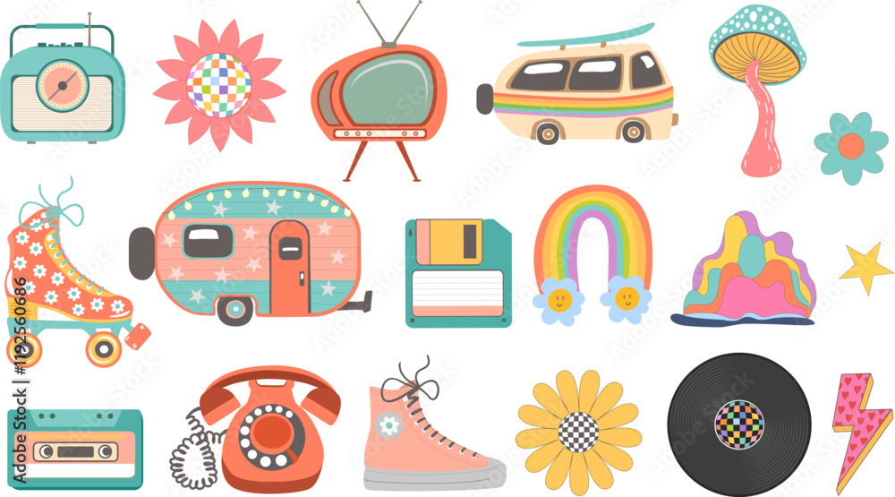 Fototapeta premium retro vintage hippie happy flower power times objects , vector illustration