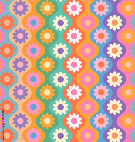 retro daisy happy flower power hippie blooms in ogee seamless pattern in rainbow colors