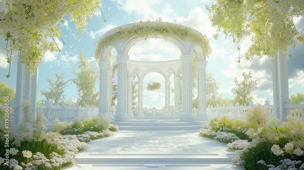 Peaceful garden with white columns and flowers under a bright blue sky in a serene setting Peaceful garden with white columns and flowers under a bright blue sky in a serene setting