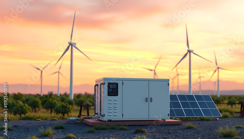 Wallpaper Mural modern battery energy storage system with wind turbines and solar panel power plants in background at sunset, low-poly, with white tones Torontodigital.ca