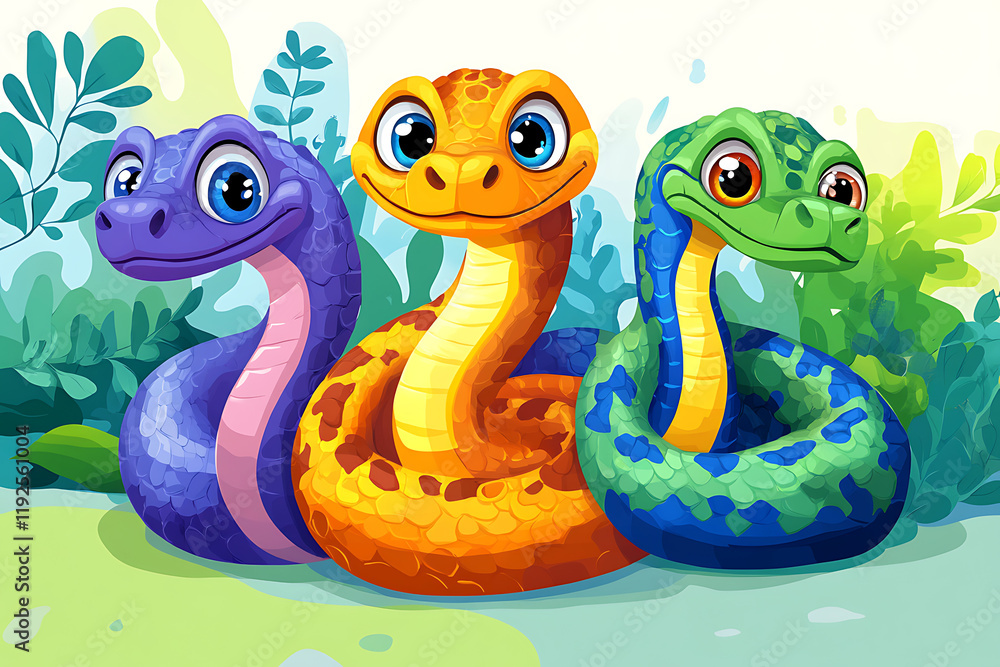 Obraz premium Colorful cartoon snakes with expressive eyes in a vibrant, playful setting.