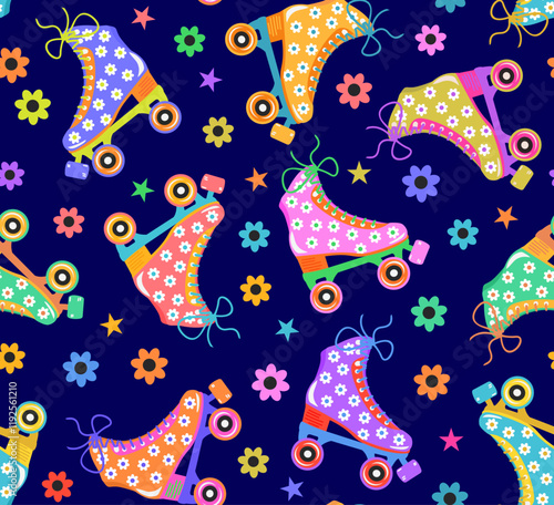 vintage flower powers 60s roller skates decorated with retro daisies, rainbow colored, seamless pattern on dark blue background