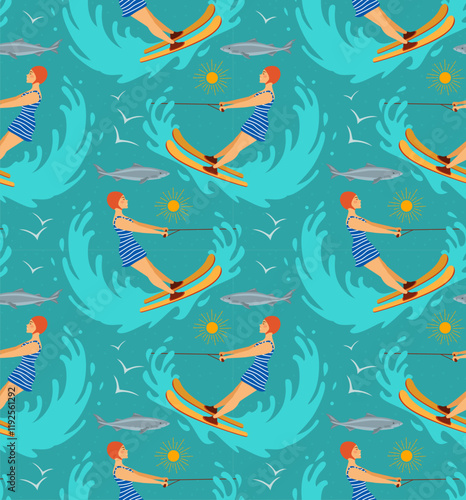 woman riding waterski, retro repeat seamless pattern in aqua blue teal , vector illustration design print