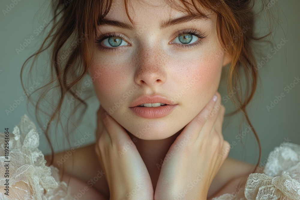 Close-up photo of a woman's face with noticeable freckles Close-up photo of a woman's face with noticeable freckles