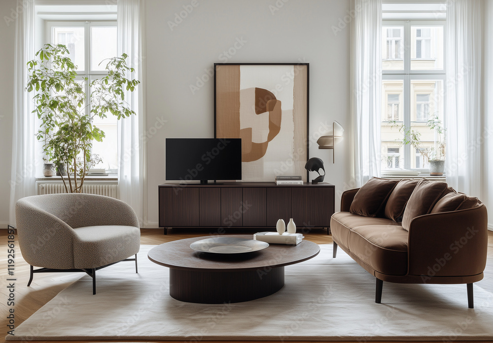 Fototapeta premium A modern living room with minimalist furniture, including an armchair and sofa in brown fabric, a coffee table, a TV stand made of solid wood and metal, decorative plants on the wall