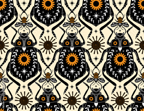 scandi folk art style magical beetles bugs sun and honeybees  decorated with flowers and botanical branches seamless pattern, vector illustration repeat design print