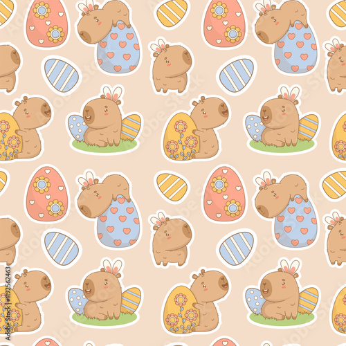 Easter Seamless pattern. Cute paschal Capybara sticker with decorative Eggs on light brown background. Holiday cartoon kawaii animal backdrop. Vector illustration. Kids collection