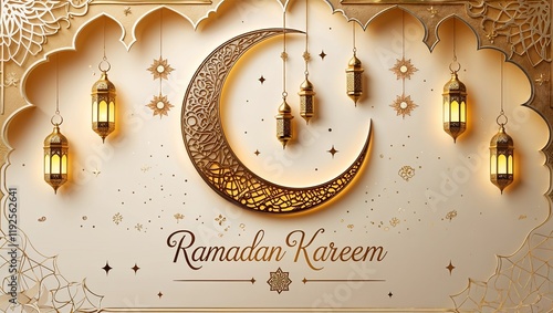 Elegant Ramadan Kareem Design with Golden Crescent, Hanging Lanterns, and Ornate Arch Motifs on a Cream Background photo