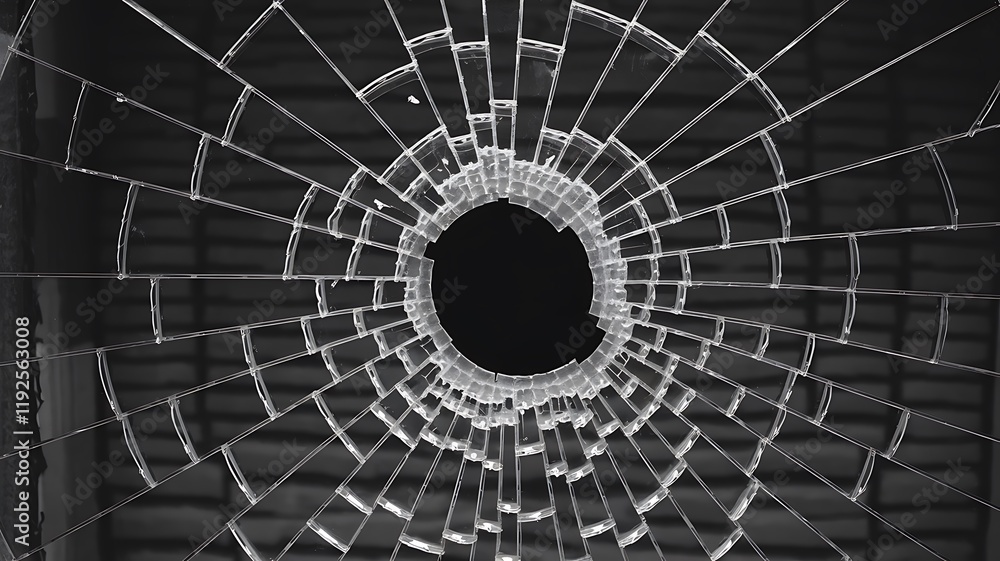 Fototapeta premium Black-and-white photograph of a shattered window, featuring a central void with spiderweb-like cracks extending outward. Jagged glass shards and intricate patterns evoke depth