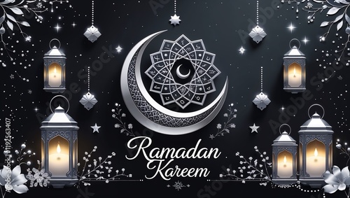 Elegant Ramadan Kareem Design with Silver Crescent Moon, Lanterns, and Floral Ornaments on a Black Background photo