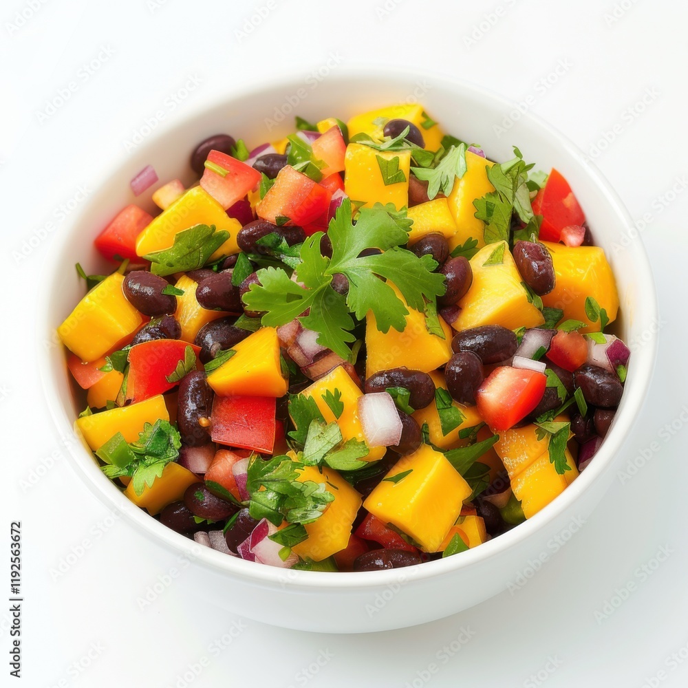 A bowl of colorful mango and black bean salsa with lime juice, isolated white background, modern art style A bowl of colorful mango and black bean salsa with lime juice, isolated white background, modern art style