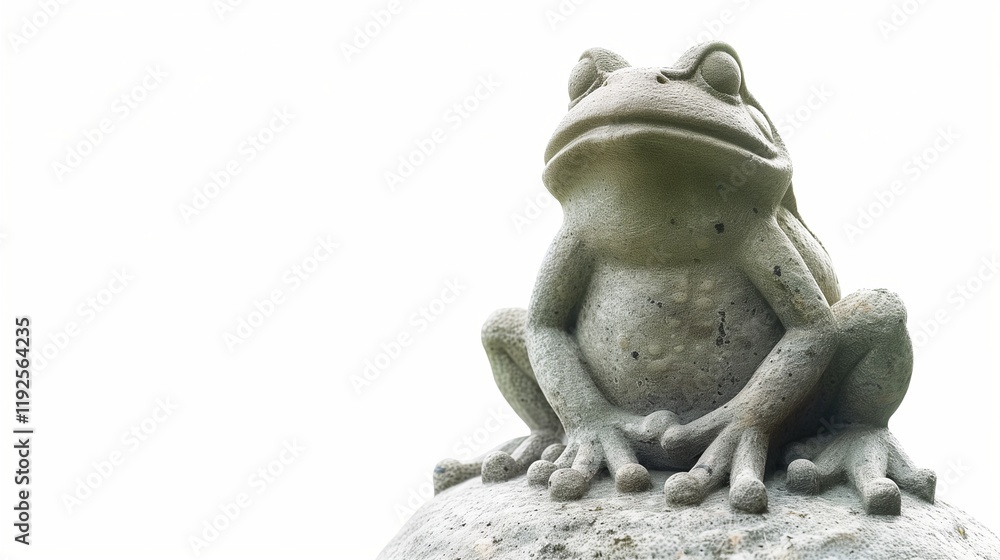 Obraz premium A vivid stone statue of a frog, isolated and set against a pristine white background.