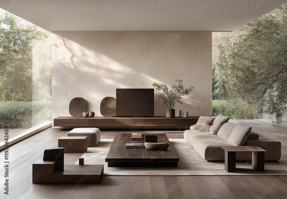 Fototapeta premium A modern living room with minimalist furniture, including an armchair and sofa in brown fabric, a coffee table, a TV stand made of solid wood and metal, decorative plants on the wall