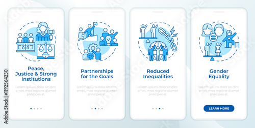 Social justice blue onboarding mobile app screen. Walkthrough 4 steps editable graphic instructions with linear concepts. UI, UX, GUI template. Montserrat SemiBold, Regular fonts used